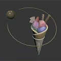 Colorful Ice Cream Cone With Assorted Flavors Chocolate Ball And Whipped Cream Toppings