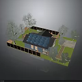 Residential House With Blue Solar Panel Roof Orange Exterior Surrounded By Trees And Lawn