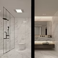 Modern Bathroom With Marble Walls Sink Washing Machine Cabinets And Ceiling Lights