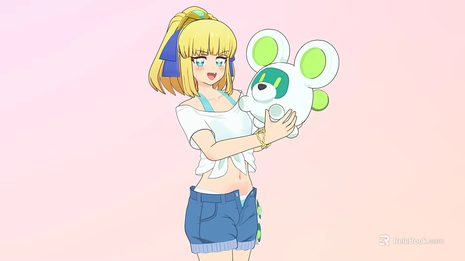 Blonde Woman With Ponytail And Blue Bow Holding White Plush Toy In Pink Background 3d model 