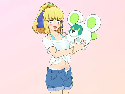 Blonde Woman With Ponytail And Blue Bow Holding White Plush Toy In Pink Background 3d model