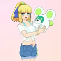 Blonde Woman With Ponytail And Blue Bow Holding White Plush Toy In Pink Background