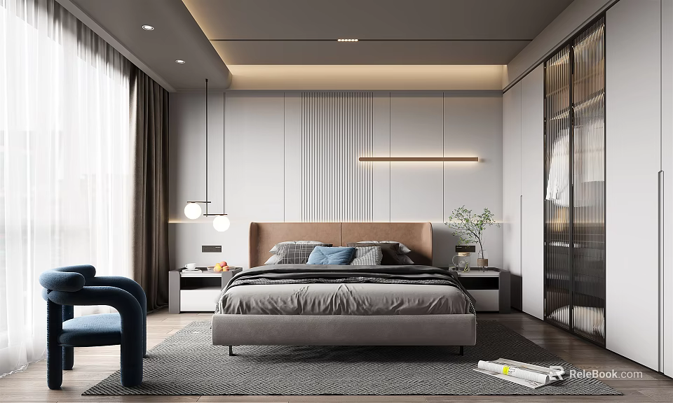 Modern Bedroom Interior Design With Linear Headboard Bed Nightstands Blue Chair And Recessed Lighting 3d model 