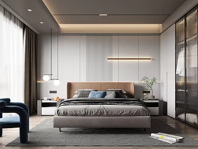 Modern Bedroom Interior Design With Linear Headboard Bed Nightstands Blue Chair And Recessed Lighting 3d model