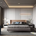 Modern Bedroom Interior Design With Linear Headboard Bed Nightstands Blue Chair And Recessed Lighting