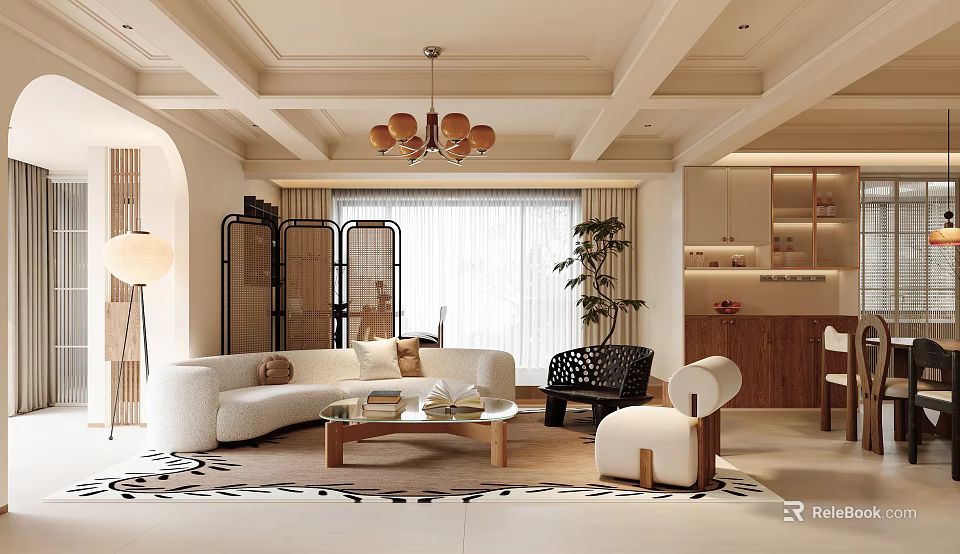 Modern Cream Tone Open Plan Living And Dining Room Interior Design With Cozy Furnishings 3d model 
