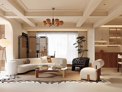 Modern Cream Tone Open Plan Living And Dining Room Interior Design With Cozy Furnishings 3d model