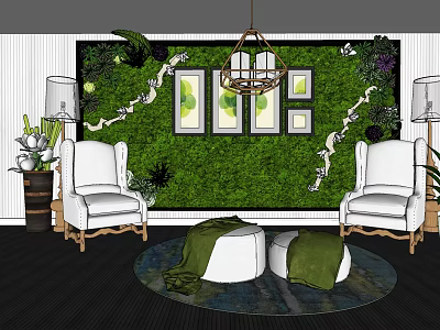Living Plant Wall in Modern Living Room with White Armchairs Framed Artworks and Chandelier 3d model