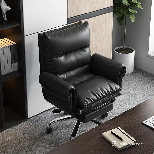 Comfortable Black Leather Office Chair With Adjustable Backrest And Swivel Wheels 3d model 