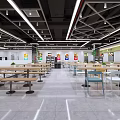 Spacious Modern Cafeteria Interior With Tables Chairs Bright Lighting And Green Counter 3d model