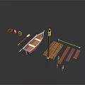 Wooden Small Boat With Dock Planks Posts Life Ring Lantern And Paddle