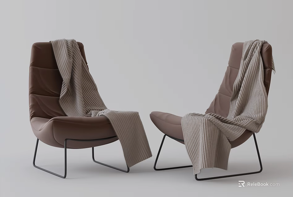 Two Brown Accent Chairs With Striped Blanket And Black Metal Legs 3d model 