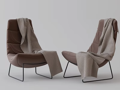 Two Brown Accent Chairs With Striped Blanket And Black Metal Legs 3d model