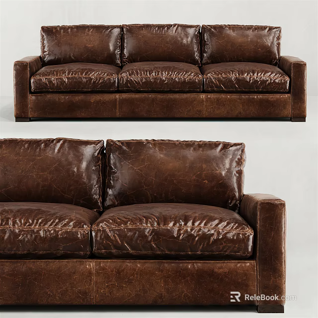 Classic Brown Leather Three-Seater Sofa With Distressed Texture And Comfortable Living Room Design 3d model 