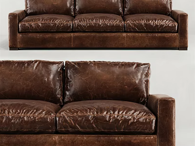 Classic Brown Leather Three-Seater Sofa With Distressed Texture And Comfortable Living Room Design 3d model