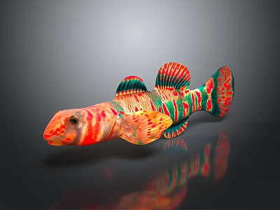 Colorful Striped Fish with Red Green and Orange Patterns and Vibrant Fins on Dark Background 3d model