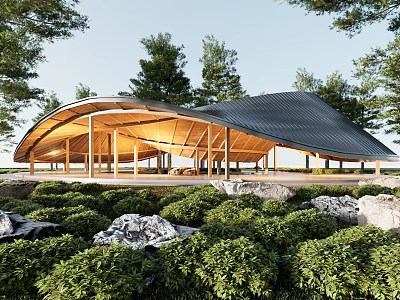 Garden Landscape With Modern Curved Roof Wooden Structure And Lush Greenery 3d model