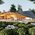 Garden Landscape With Modern Curved Roof Wooden Structure And Lush Greenery