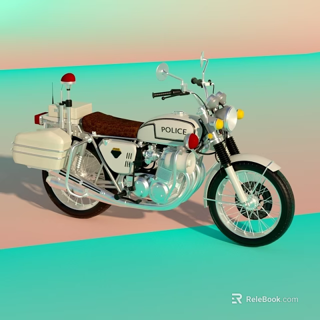 Police Motorcycle With Red Siren Light White Body Side Storage Box And Brown Seat 3d model 
