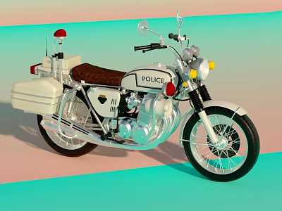Police Motorcycle With Red Siren Light White Body Side Storage Box And Brown Seat 3d model