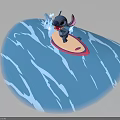Playful Stitch Character Surfing On Blue Waves With Pink Surfboard And Splashes