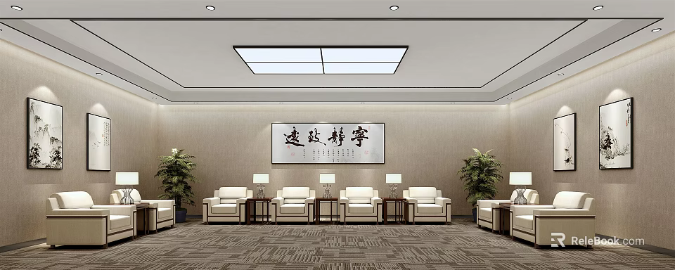 Elegant Hotel Public Lounge With White Sofas Coffee Tables Calligraphy Decor And Green Plants 3d model 