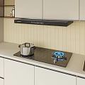 Kitchen Appliances with Range Hood Gas Stove Pot Blue Flame Beige Tiled Wall Light Cabinets