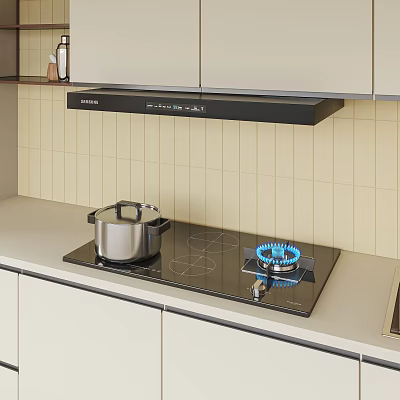 Kitchen Appliances with Range Hood Gas Stove Pot Blue Flame Beige Tiled Wall Light Cabinets 3d model