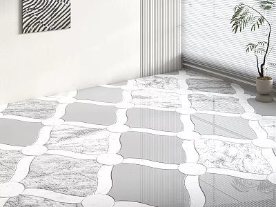 Geometric Gray And White Marble Tile Floor With Potted Plant Decorative Painting And Blinds 3d model