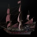Vintage Sailing Ship With Pink Sails Intricate Carvings And Detailed Structure On Black Background