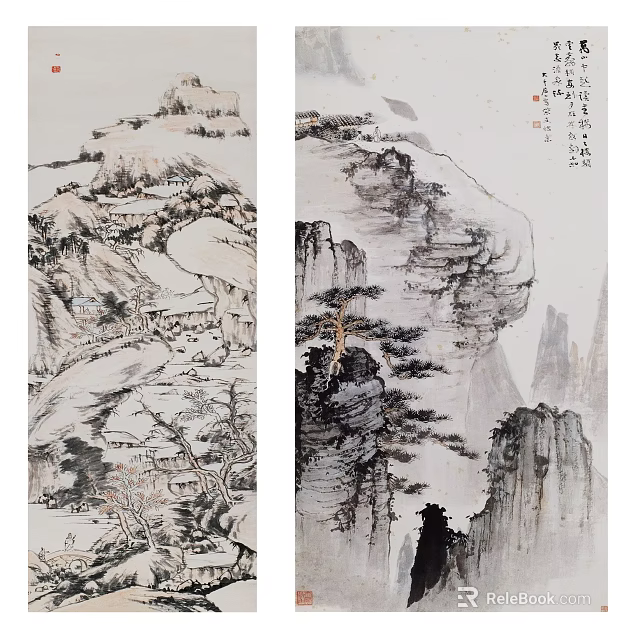 Traditional Chinese Landscape Paintings With Mountains Trees And Rock Formations In Ink Wash Art Style 3d model 