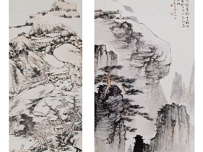 Traditional Chinese Landscape Paintings With Mountains Trees And Rock Formations In Ink Wash Art Style 3d model