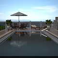 Scenic Oceanfront Terrace With Swimming Pool Umbrella Loungers Palm Trees And Distant Mountains