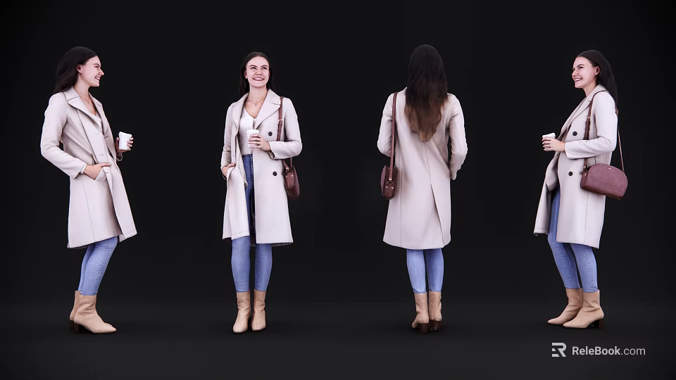 Woman In Beige Coat Blue Jeans Brown Boots With Bag And Cup Different Angles 3d model 
