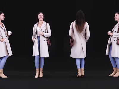Woman In Beige Coat Blue Jeans Brown Boots With Bag And Cup Different Angles 3d model