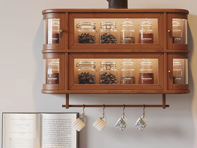 Wooden Kitchen Wall Cabinet With Glass Doors Holding Storage Jars And Hanging Mugs 3d model