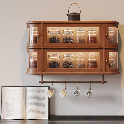 Wooden Kitchen Wall Cabinet With Glass Doors Holding Storage Jars And Hanging Mugs 3d model
