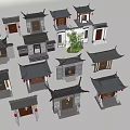Traditional Chinese Ancient Architecture Models with Various Structures Classic Roofs and Small Tree