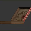 Pizza In Open Wooden Box With Red And White Checkered Trim And Grease Stains