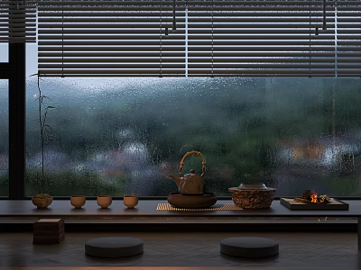 Rainy Window Sill Tea Set With Teapot Cups Tray Small Stove And Stools 3d model