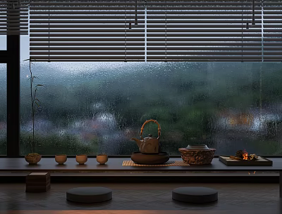 Rainy Window Sill Tea Set With Teapot Cups Tray Small Stove And Stools 3d model