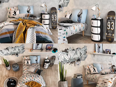 Stylish Double Bed Room With Graffiti Decor Skateboard Bedside Lamps And Pillows 3d model