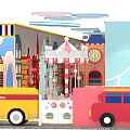 Colorful Children's Playground with Castle Shaped Slide Street Scene Buildings Yellow Toy Cars and Arches