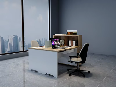 Modern Office Desk With Laptop Bookshelf Black Chair And City View 3d model