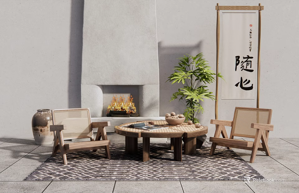 Rustic Wooden Table And Chairs Set With Fireplace Plant And Rug In Cozy Interior 3d model 
