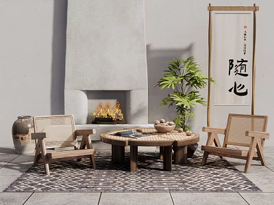 Rustic Wooden Table And Chairs Set With Fireplace Plant And Rug In Cozy Interior 3d model