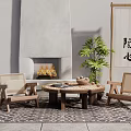 Rustic Wooden Table And Chairs Set With Fireplace Plant And Rug In Cozy Interior