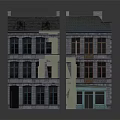 Cartoon Scene of Three Story European Building With Gray Exterior Green Door and Multiple Windows