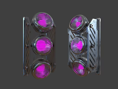 Pair Of Traffic Lights With Illuminated Purple Circular Lamps And Metal Striped Housing 3d model