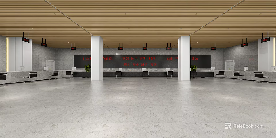 Modern Service Hall With Long Counters White Pillars Wooden Ceiling Green Plants And Gray Floor 3d model 